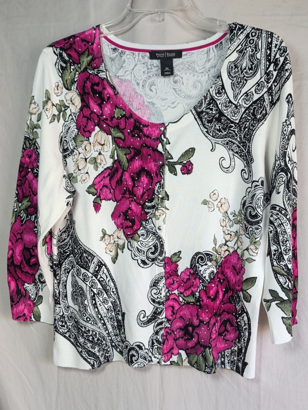 Alfani White V-Neck 3/4 Sleeve Top with Pink Floral & Black Paisley Feminine